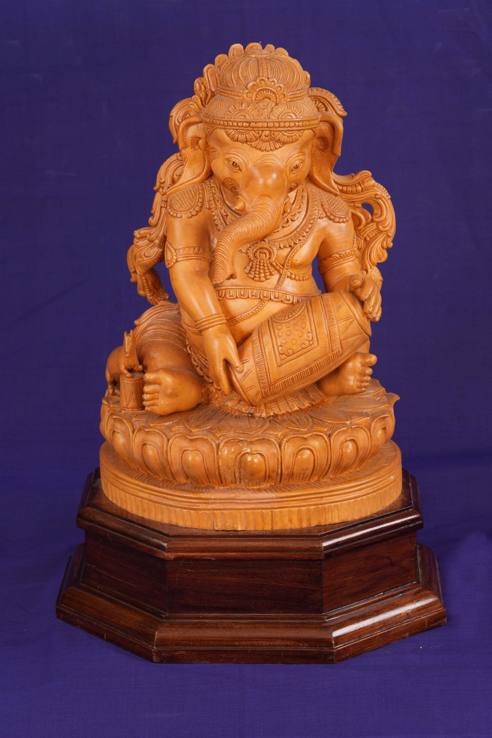 Image of White Cedar Wooden Sri Ganesh Statue Playing Dholak